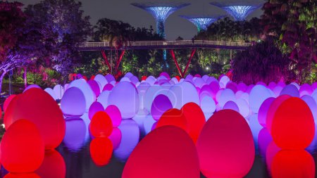 Foto de Exposición Futuro Juntos en Dragonfly Lake y Bayfront Plaza Gardens by the Bay timelapse. Ovoids of light change colour, creating resonating sound and light show, Singapur - Imagen libre de derechos
