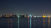 Doha skyline with the Islamic Cultural Center timelapse illuminated by night in Qatar, Middle East. View from west bay hoodie #707667542