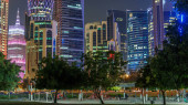 The skyline of Doha by night with starry sky seen from Park timelapse, Qatar. Trees on foreground. Illuminated skyscrapers and towers Tank Top #707667812