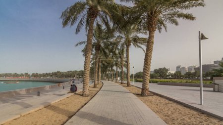 Photo for Walk in the MIA Park timelapse hyperlapse, located on one end of the seven kilometers long Corniche in the Qatari capital, Doha. Palms on both sides of path. - Royalty Free Image