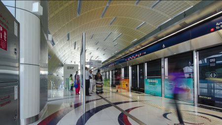 Téléchargez les photos : Plateforme de métro de Dubaï dans le terminal timelapse à Dubaï, Émirats arabes unis. Des gens attendent le train. Le métro est l'un des moyens les plus efficaces pour explorer et découvrir Dubaï. - en image libre de droit