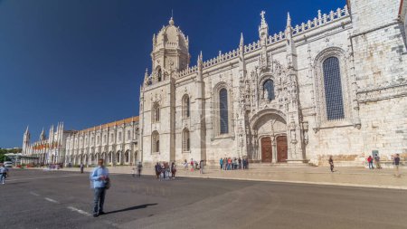 Photo for Hieronymites Monastery (Mosteiro dos Jeronimos) located in the Belem district of Lisbon timelapse hyperlapse, Portugal. A magnificent monastery, typical example of the Manueline style. - Royalty Free Image
