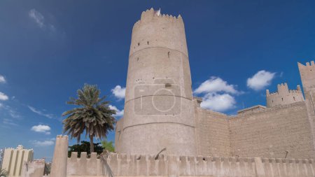 Téléchargez les photos : Fort historique au Musée d'Ajman hyperlapsus timelapse avec ciel bleu, Émirats arabes unis. Drapeau au sommet de la tour - en image libre de droit