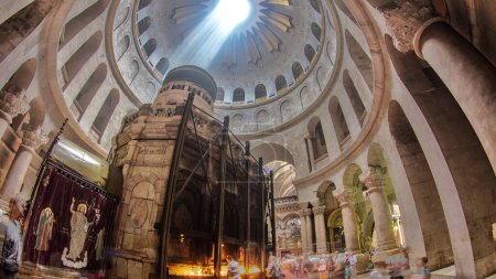 Photo for Interior of the Church of the Holy Sepulcher timelapse hyperlapse. Sacred place in the Christian Quarter of the Old City of Jerusalem where Jesus was crucified and buried. - Royalty Free Image