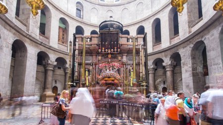 Photo for Central part of the Church of the Holy Sepulcher timelapse hyperlapse. Sacred place in the Christian Quarter of the Old City of Jerusalem where Jesus was crucified and buried. - Royalty Free Image