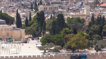 Téléchargez les photos : Vue aérienne de la vieille ville et de l'époque de la mosquée al-aqsa depuis le mont des Oliviers. Jérusalem, Terre Sainte vue de près sur les arbres dans la cour intérieure - en image libre de droit