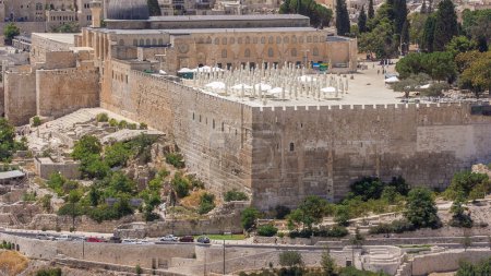 Photo for Aerial view of the old city and al-aqsa mosque timelapse from the Mount of Olives. Jerusalem, Holy Land close up view to inner yard - Royalty Free Image