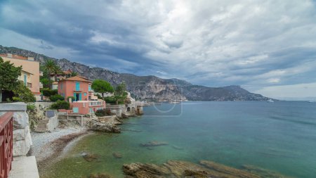 Sea panoramic view from famous villa Kerylos timelapse, Beaulieu-sur-Mer, French Riviera, France. Cloudy sky at summer day
