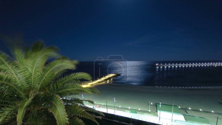 Strand von Sesimbra mit Pier und Palme bei Nacht im Mondlicht, Portugal Zeitraffer-Hyperlapse.