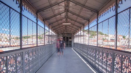 Elevador de Santa Justa, Lisbon, Portugal. Inside view from corridor in walkbridge timelapse