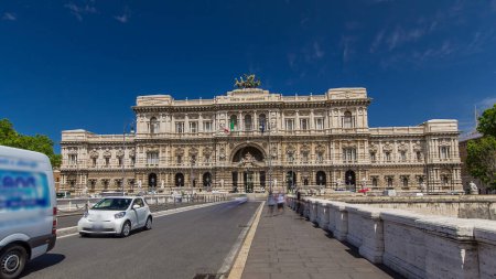 Photo for Palace of Justice (Palazzo di Giustizia) timelapse hyperlapse - courthouse building with Ponte Sant' Umberto bridge. Blue cloudy sky. Traffic on a road. Rome, Italy. - Royalty Free Image