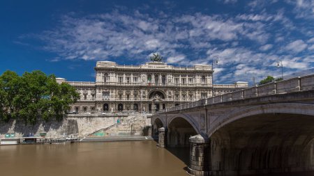 Photo for Palace of Justice (Palazzo di Giustizia) timelapse hyperlapse - courthouse building with Ponte Sant' Umberto bridge. Blue cloudy sky. Rome, Italy. - Royalty Free Image