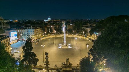 Photo for Aerial view of the large urban square, the Piazza del Popolo night timelapse, Rome with lights and illuminated historical buildings - Royalty Free Image