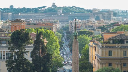 Photo for Piazza del Popolo and via Flaminia timelapse seen from Pincio terrace in Rome. Italy. Top aerial view before sunset - Royalty Free Image
