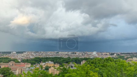 Photo for Panoramic aerial view of historic center timelapse of Rome, Italy. Cityscape with heavy dramatic clouds and rain - Royalty Free Image