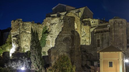 Photo for Night timelapse hyperlapse of the historic Terme di Caracalla in Albano Laziale, Italy. This architectural marvel houses a captivating historical museum within its ancient walls - Royalty Free Image