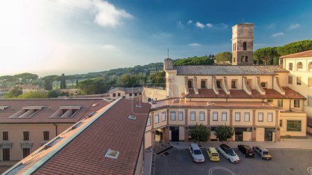 Photo for Church of the Capuchins in Albano Laziale Timelapse, Illuminated by the Sun on a Summer Day. Aerial Perspective from Above, Capturing the Tranquil Beauty Before Sunset - Royalty Free Image