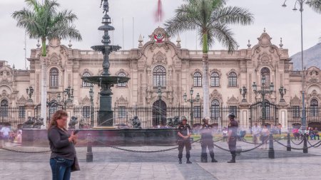 Photo for Fountain on The Plaza de Armas timelapse, also known as the Plaza Mayor, sits at the heart of Lima's historic center. Government palace on a background - Royalty Free Image