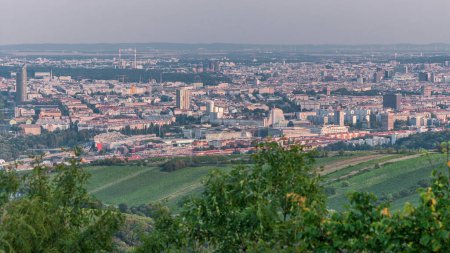 Skyline von Wien aus der Sicht der Donau Leopoldsberg Luftaufnahme. Innenstadt mit Prater, Wolkenkratzern und historischen Gebäuden am Abend vor Sonnenuntergang