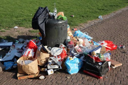 Téléchargez les photos : Poubelles à côté de la poubelle dans le parc avec des récréateurs sur la pelouse - en image libre de droit
