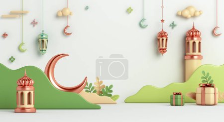Islamic decoration background with crescent moon, lantern, gift 