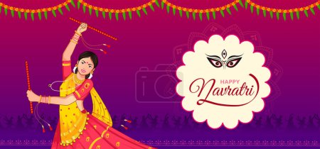 Illustration for Dandiya Night, Dancing Girls at Navratri, happy Durga Puja and Navratri - Royalty Free Image