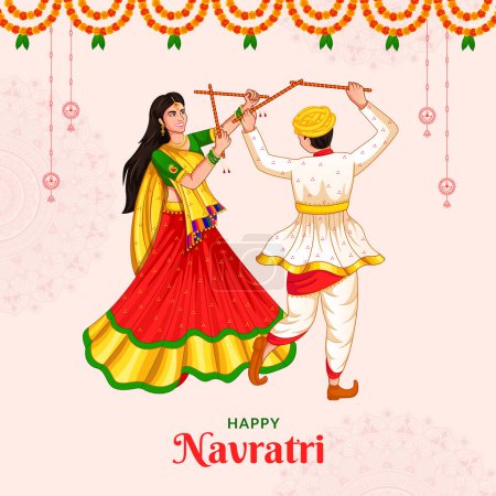 Téléchargez les illustrations : Couple Dandiya dansant à Navratri, Happy Durga Puja et Dussehra - en licence libre de droit