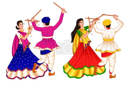 Téléchargez les illustrations : Couple Dandiya dansant à Navratri, Happy Durga Puja et Dussehra - en licence libre de droit