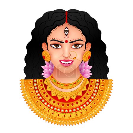 Ilustración de Rostro de la Diosa Maa Durga, Mujer bailando en Durga Puja, Festival Shubh Navratri, Feliz Dussehra - Imagen libre de derechos
