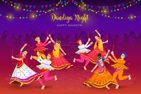 Téléchargez les illustrations : Dandiya Night, Couple dansant à Navratri, heureux Durga Puja et Navratri - en licence libre de droit