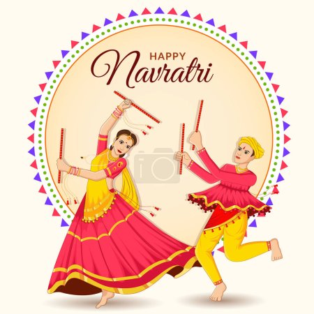 Illustration for Dancing Dandiya couple at Navratri, Happy Durga Puja and Dussehra - Royalty Free Image