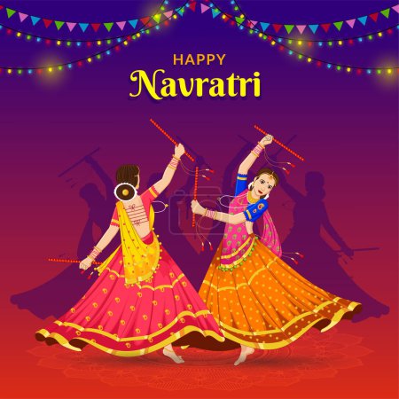 Téléchargez les illustrations : Dandiya Night, Filles dansantes à Navratri, heureux Durga Puja et Navratri - en licence libre de droit