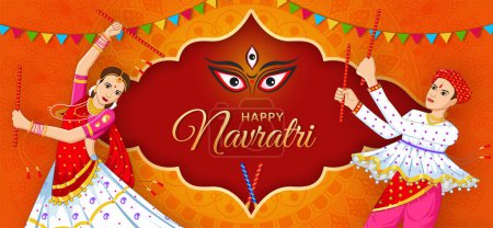 Téléchargez les illustrations : Dandiya Night, Couple dansant à Navratri, heureux Durga Puja et Navratri - en licence libre de droit