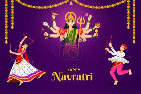 Illustration for Dandiya Night, Dancing Girls at Navratri, happy Durga Puja and Navratri - Royalty Free Image