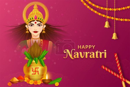 Illustration for Navratri Maa Durga with Kalash and Dandiya, Happy Navratri, Dussehra and Durga Puja - Royalty Free Image