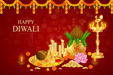 Illustration for Happy Diwali and Dhanteras with Gold coin kalash - Royalty Free Image