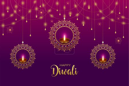 Illustration for Happy Diwali Elegant Golden Diamond Diya & Mandala - Royalty Free Image