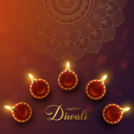 Illustration for Happy Diwali Elegant Golden Diamond Diya & Mandala - Royalty Free Image