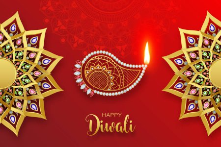 Téléchargez les photos : Joyeux Diwali élégant diamant d'or Diya & Mandala - en image libre de droit
