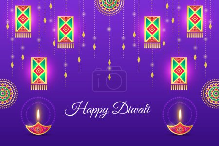 Illustration for Happy Diwali Elegant Golden Diamond Diya and lanterns - Royalty Free Image