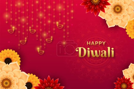 Joyeux Diwali élégant diamant d'or Diya et Mandala Designs