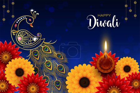 Illustration for Happy Diwali Elegant Golden Diamond Peacock and Flowers - Royalty Free Image