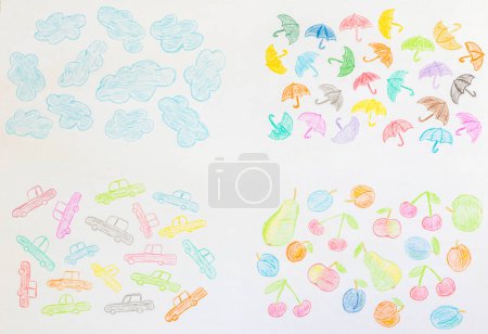 Téléchargez les photos : Dessin avec crayons de couleur. Enfants dessinant sur un morceau de papier. - en image libre de droit