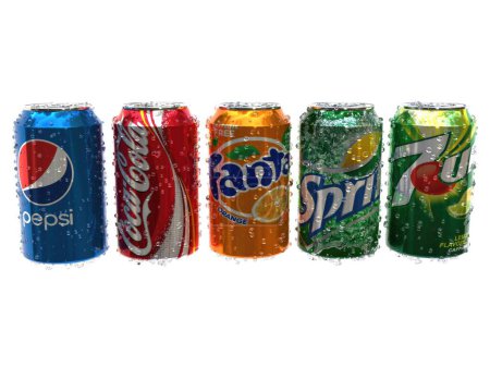 Foto de KYIV, UCRANIA - Mayo. 9, 2024: 3d renderizado de una lata de aluminio Pepsi, Coca Cola, Fanta, Sprite, 7Up sobre un fondo claro. 3d renderizar. - Imagen libre de derechos