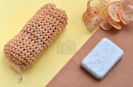 Photo for Hygiene items natural washcloth and soap - Royalty Free Image