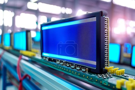 Téléchargez les photos : Nombreux écrans LCD sur une table, avec microcircuits et micropuces et éléments de connexion dans une usine de montage. - en image libre de droit