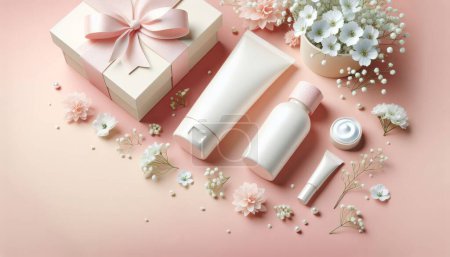 Presentation of a gift set of a cosmetic product bottle, tube, gift box with a bow on a bastel pink beige background with alstroemeria flowers. Mock up