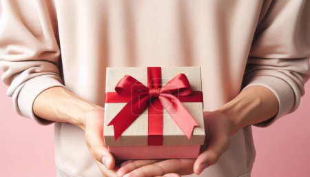 Male hands hold out a gift box with a bow. Congratulations, presenting a gift for Mother Day, birthday.