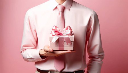 Male hands hold out a gift box with a bow. Congratulations, presenting a gift for Mother Day, birthday.