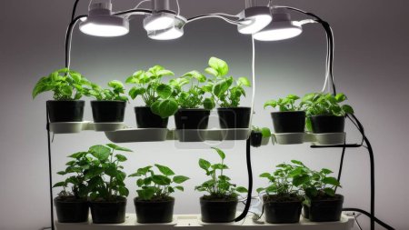 Pots with young plant sprouts on a shelf with artificial LED lighting. Accelerated growing of plants at home.